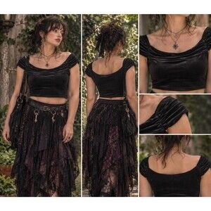 Vtg 90s Y2K JS Boutique Black Velvet Off Shoulder Crop Top L Whimsigoth Vamp